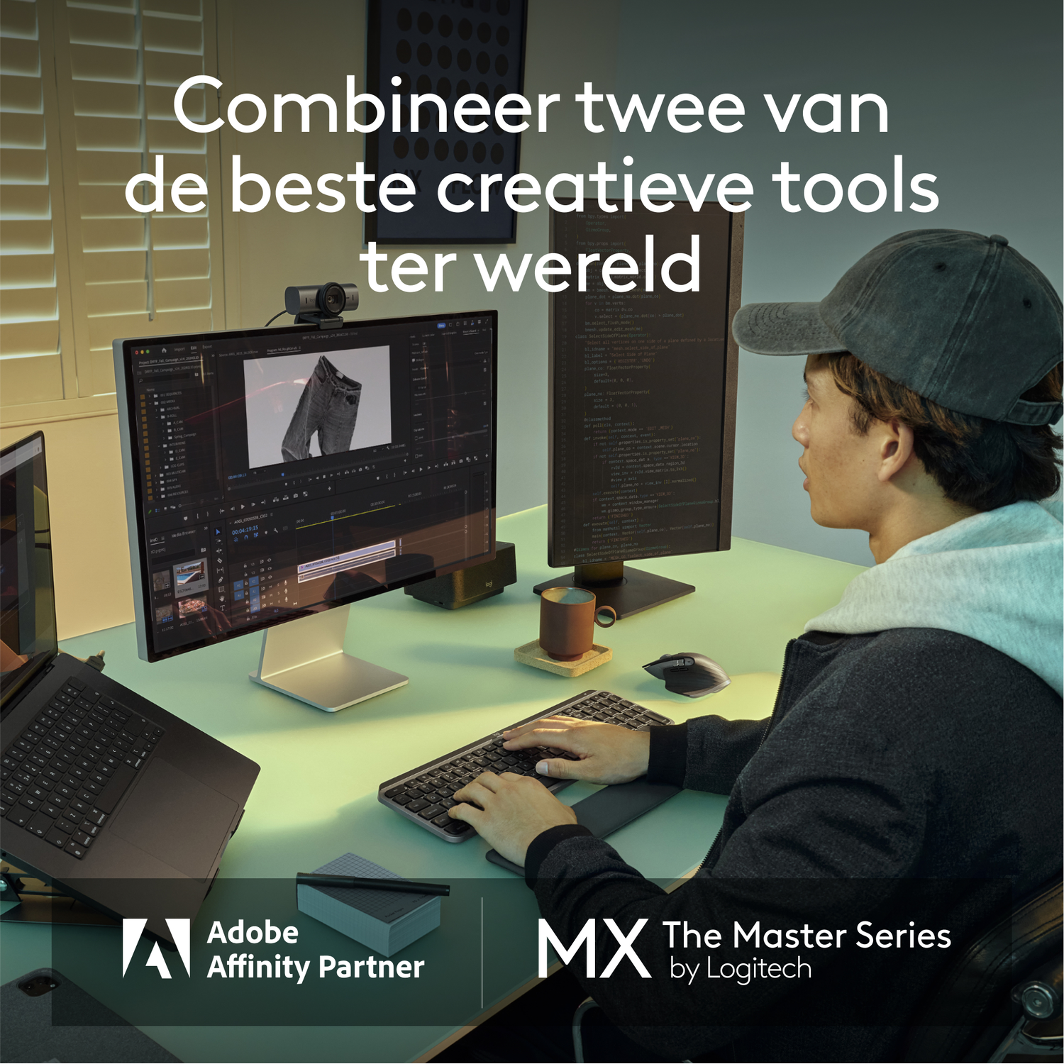 Een persoon werkt aan een computeropstelling met dubbele monitoren en een laptop, met een groene tafel.
