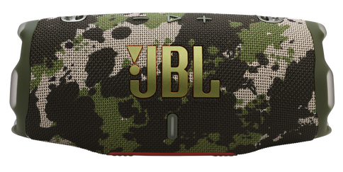 Głośnik JBL w kamuflażu z przyciskami głośności i zasilania.