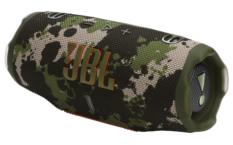 Głośnik JBL z kamuflażem. Kolory zielony i brązowy. Cylindryczny kształt.