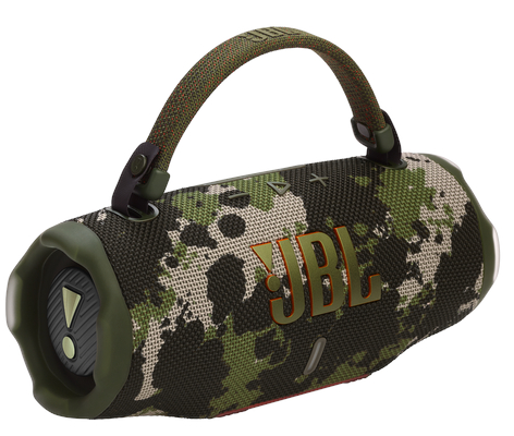 Głośnik JBL w kamuflażu z uchwytem do przenoszenia. Dominują kolory zielony i brązowy.