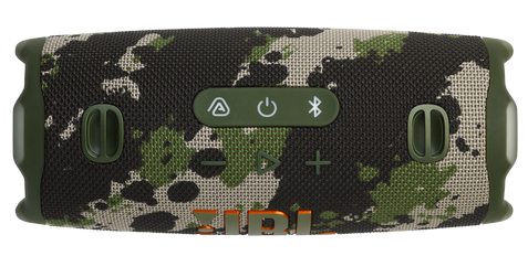 Głośnik w kamuflażu z przyciskami sterowania i logo.