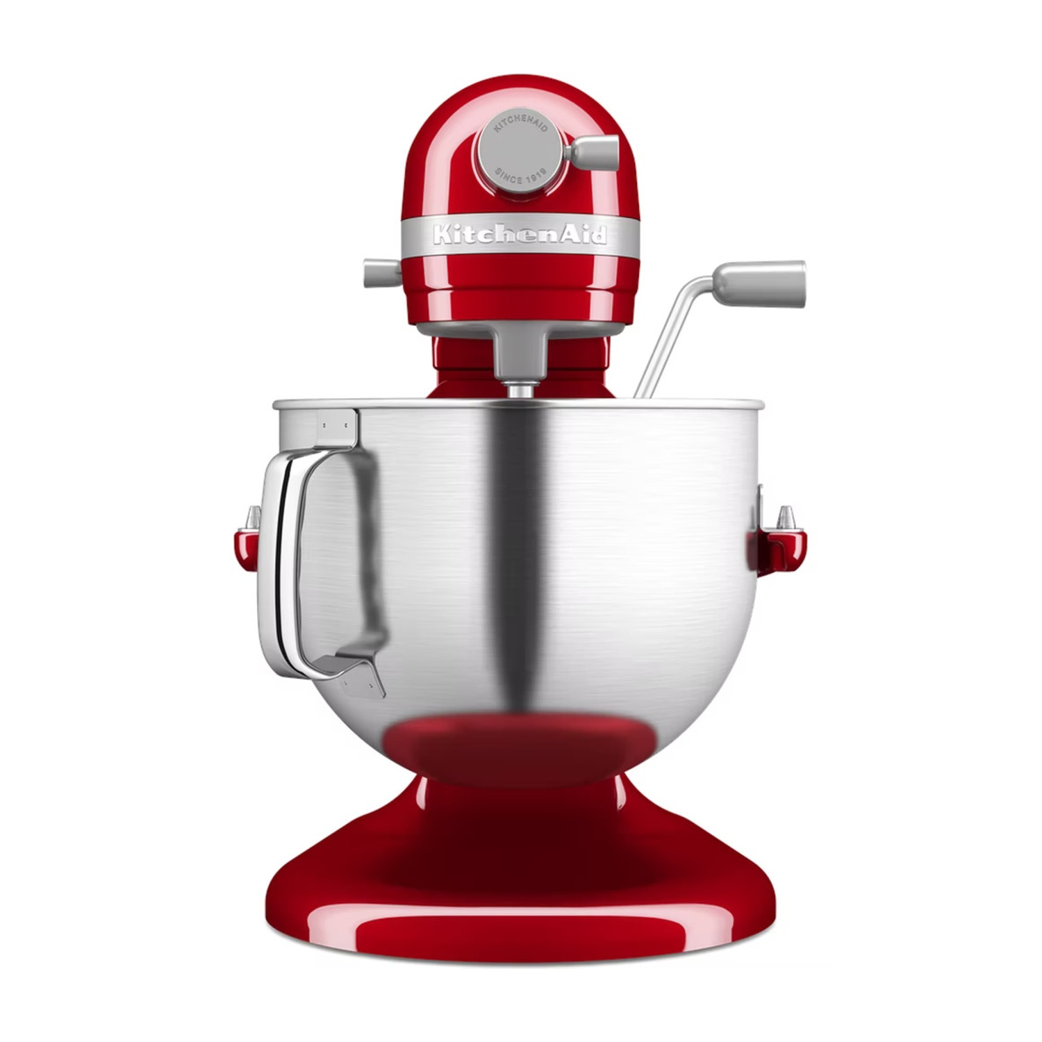 Impastatrice KitchenAid rossa su sfondo bianco. Ciotola in acciaio inox, corpo rosso.