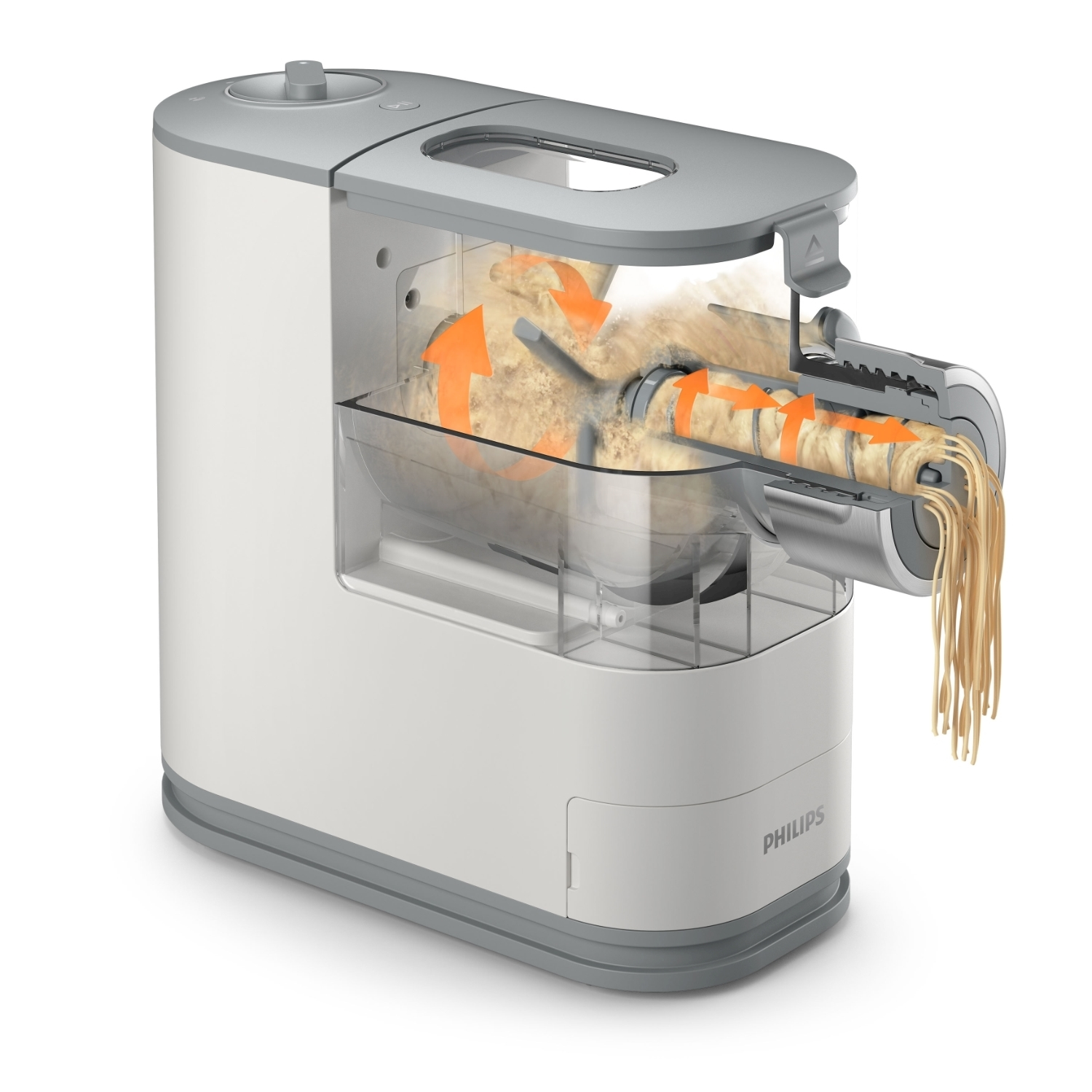 Una macchina per la pasta Philips che mostra i componenti interni e l'estrusione della pasta. Frecce arancioni indicano il processo.