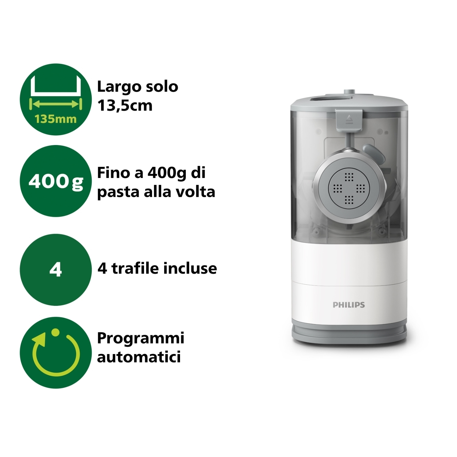 Macchina per la pasta con testo: 135mm larghezza, 400g pasta alla volta, 4 stampi e programmi auto.