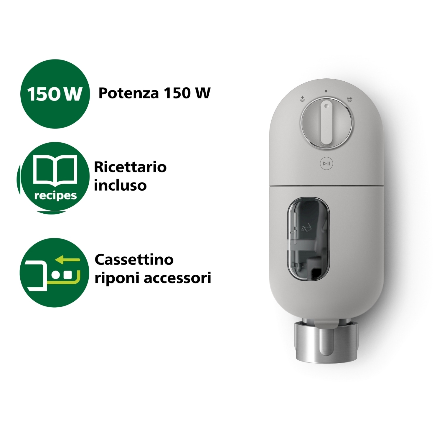 Frullatore a immersione grigio con accessori, ricettario e custodia, sfondo bianco.