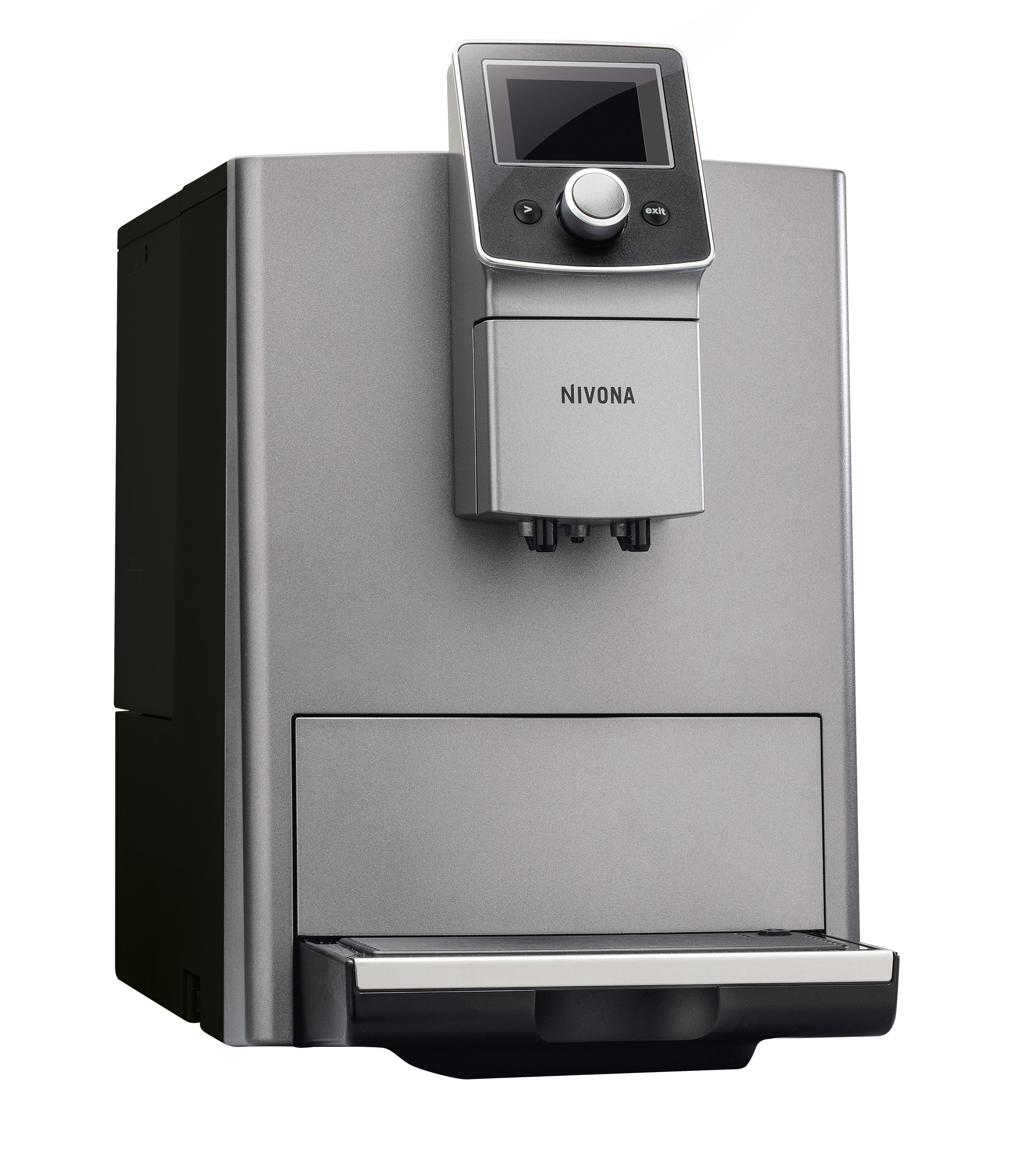 Srebrny ekspres do kawy z ekranem i elementami sterującymi na górze.