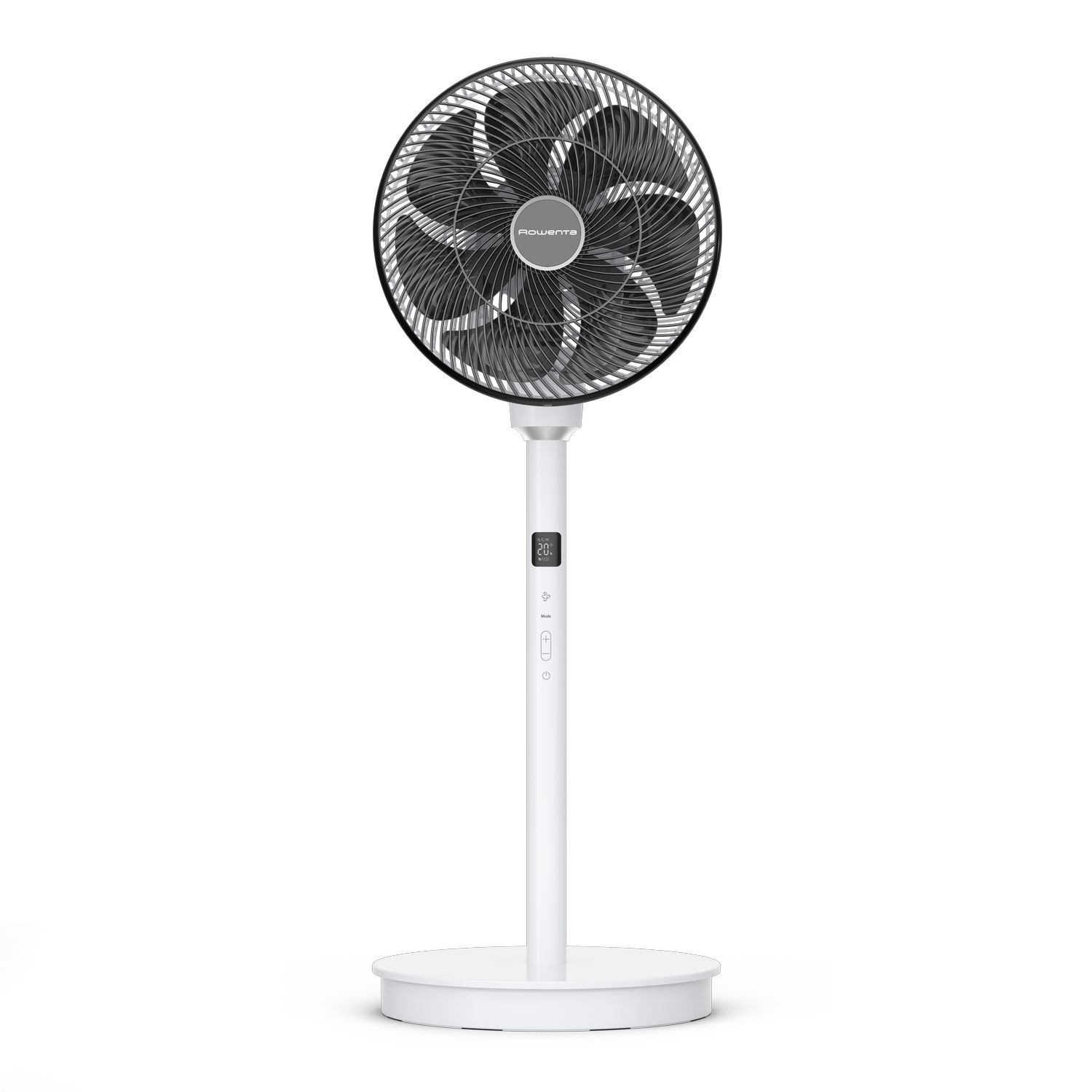 White Rowenta fan standing on a white base, white background.