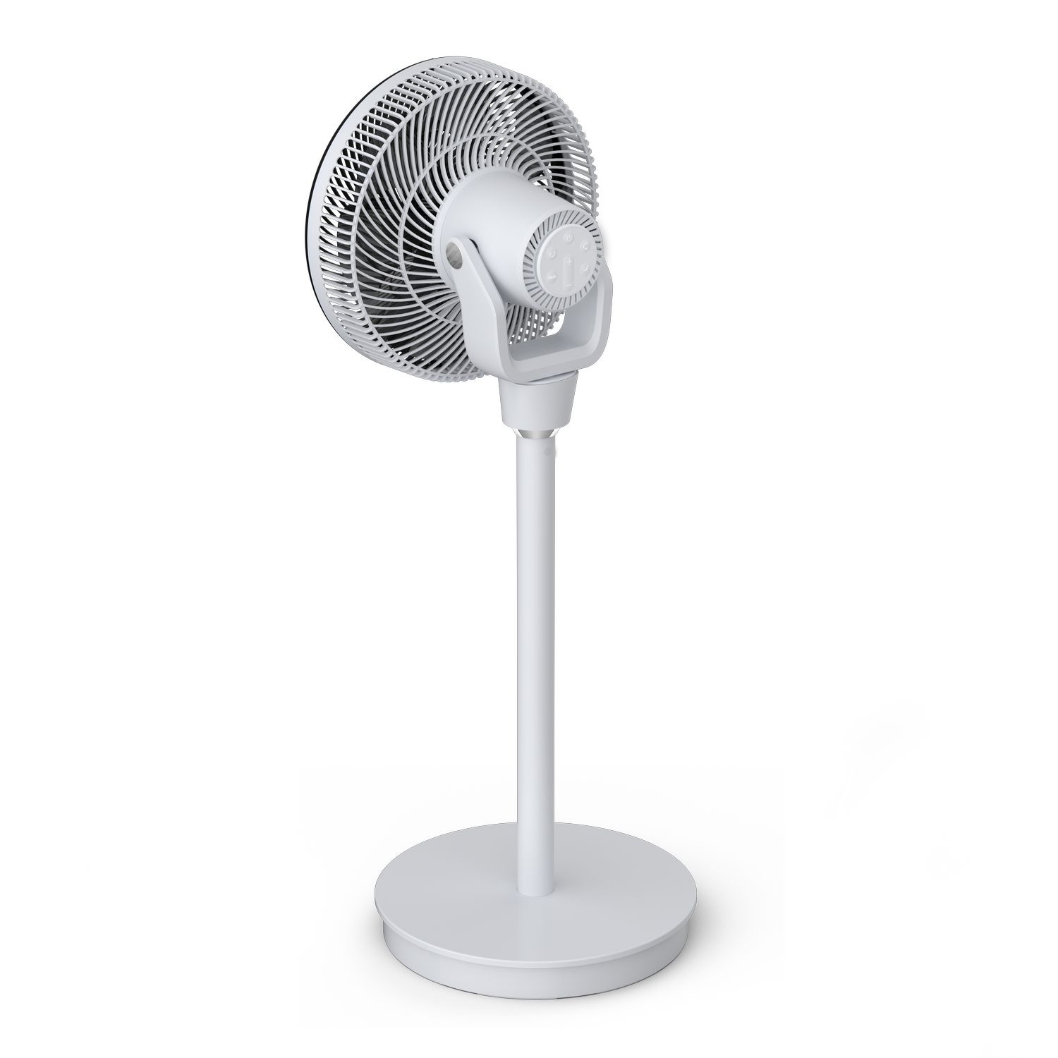 White standing fan. The base and the stem are white. The fan head is round.