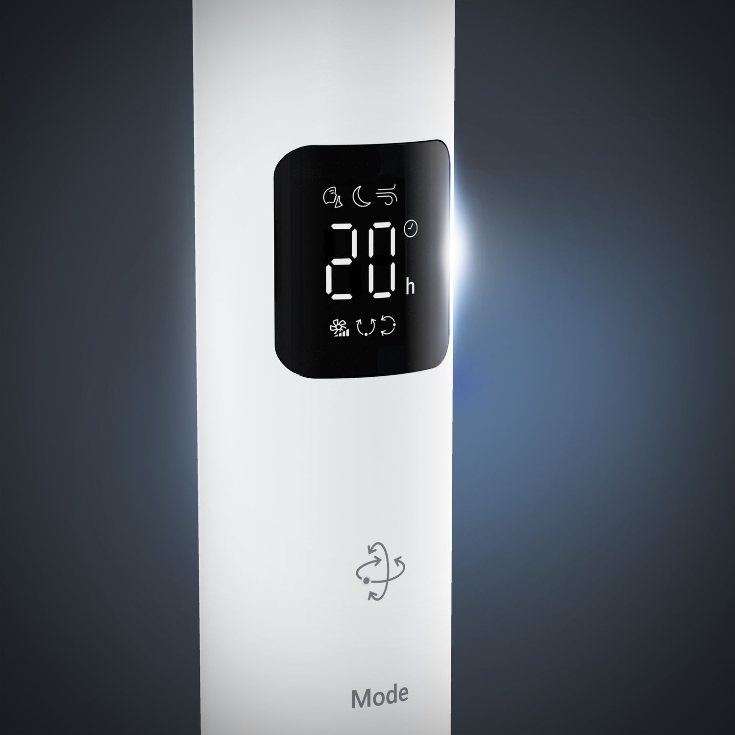 A white appliance with a digital display showing 20h and various icons. The word 'Mode' is written below.