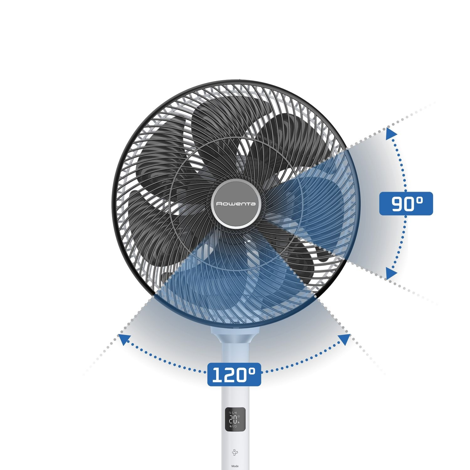 Fan with black blades, white base, and directional arrows indicating airflow range.