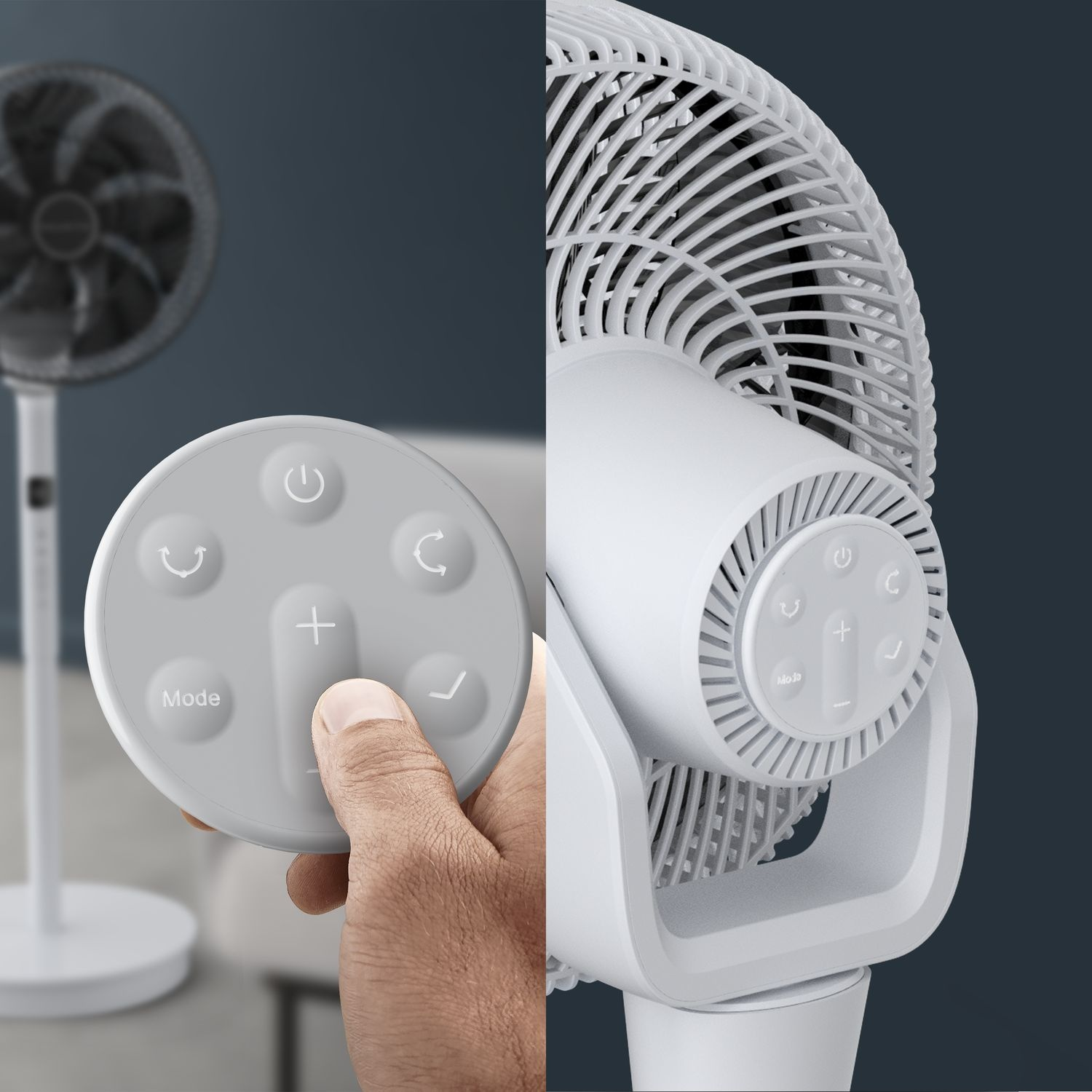 A hand holding the remote control of a fan, and the fan itself, white color.