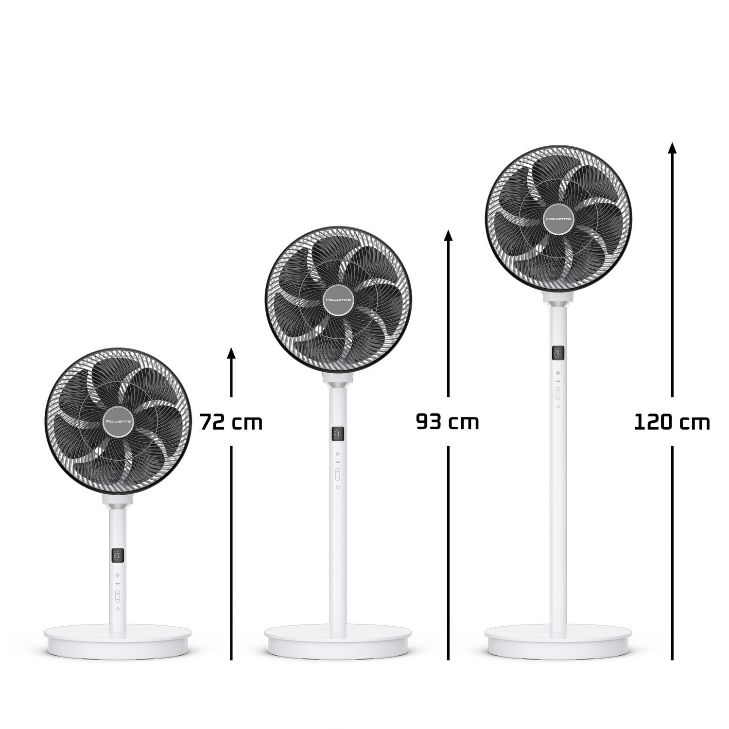 Three standing fans of different heights. Measurements in centimeters: 72, 93, and 120 cm. White fans.