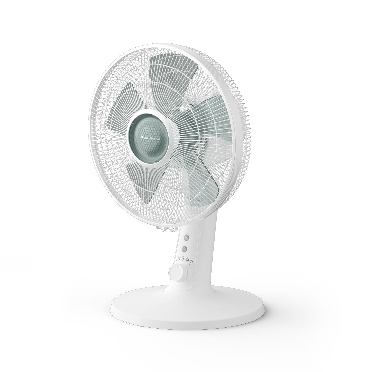 White oscillating fan on a white surface. The fan has three blades and a control panel.