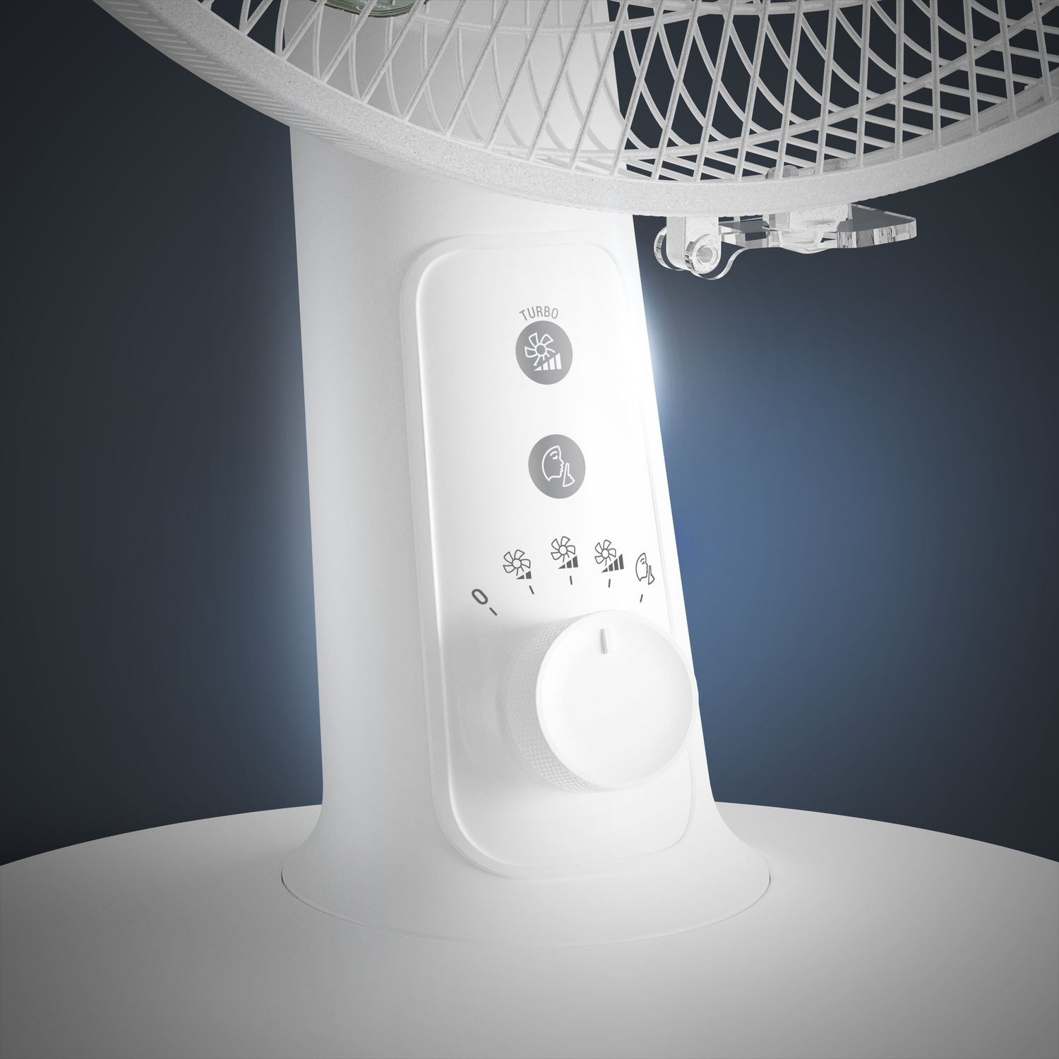 A white fan with control buttons and a dial, against a blue background.