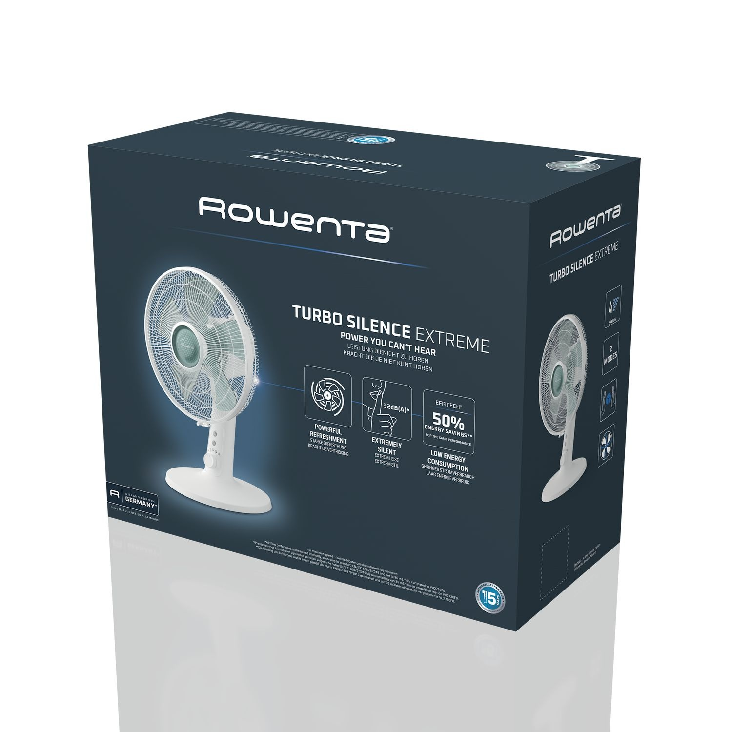 A box of a white fan with a picture of the fan. The box is blue and white.