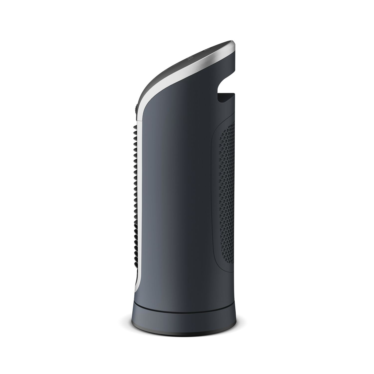Un purificateur d'air gris foncé est montré en vue de profil. Il a un design élégant avec un accent argenté et des trous de ventilation.