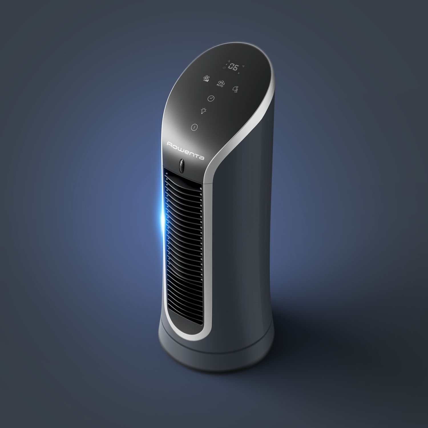Un ventilateur tour gris foncé avec un écran numérique, une bordure blanche et une lumière bleue.
