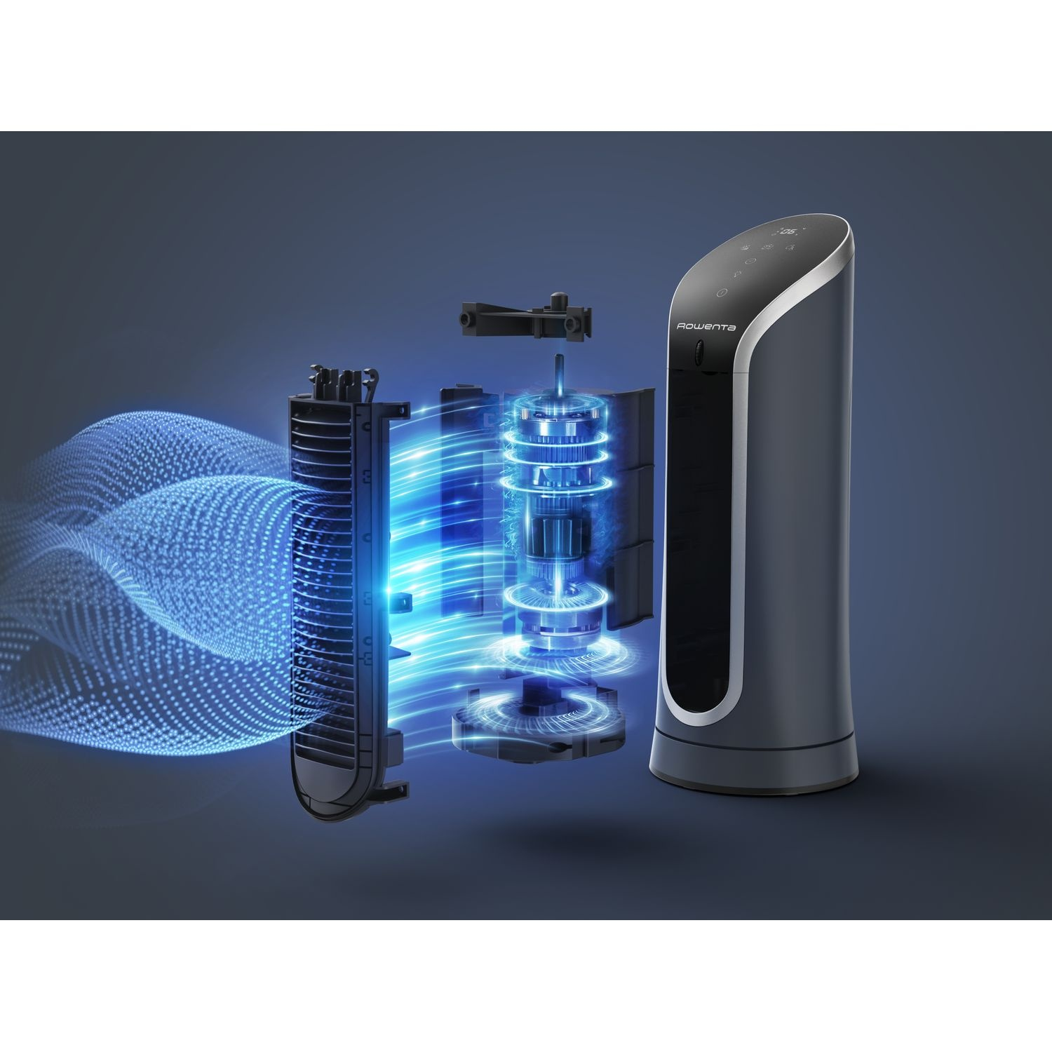 Purificateur d'air avec vue éclatée, montrant les composants internes et le flux d'air bleu.