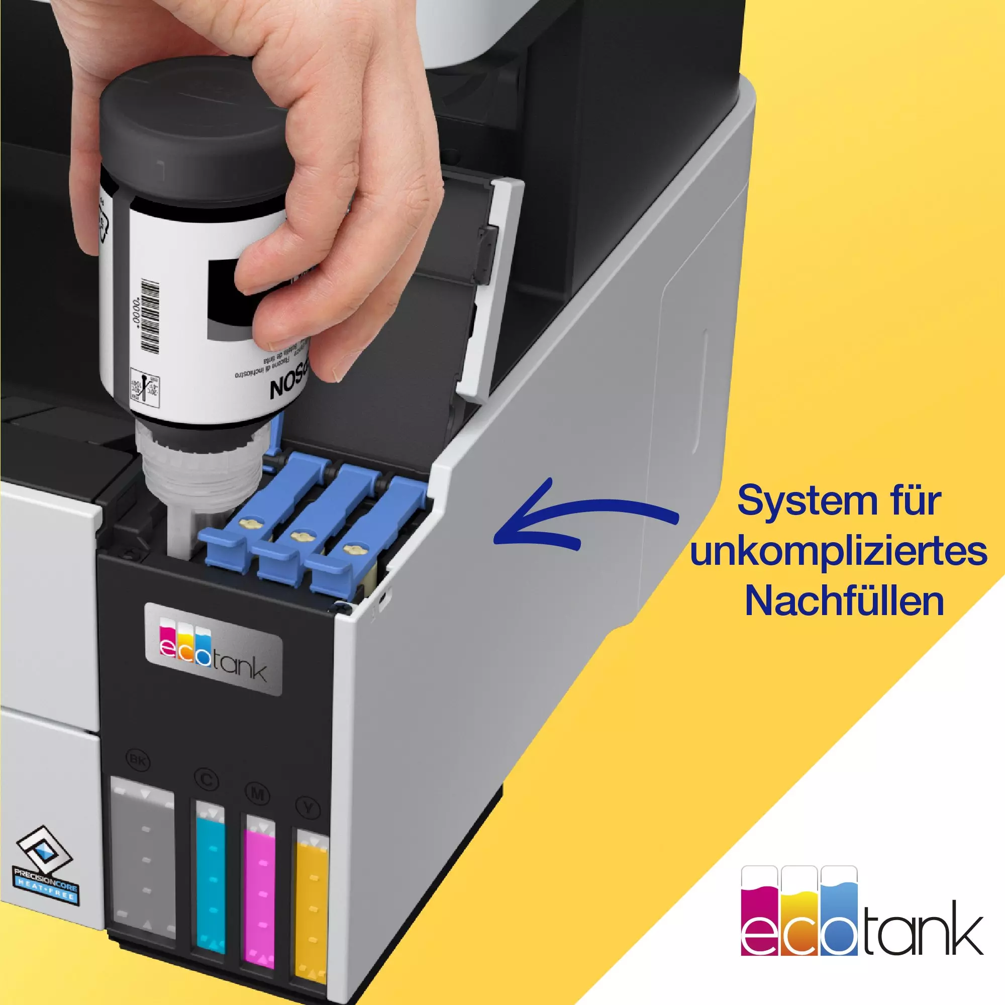 Eine Person befüllt einen Epson Ecotank-Drucker mit schwarzer Tinte. Gelbe und blaue Tintenbehälter sind sichtbar.