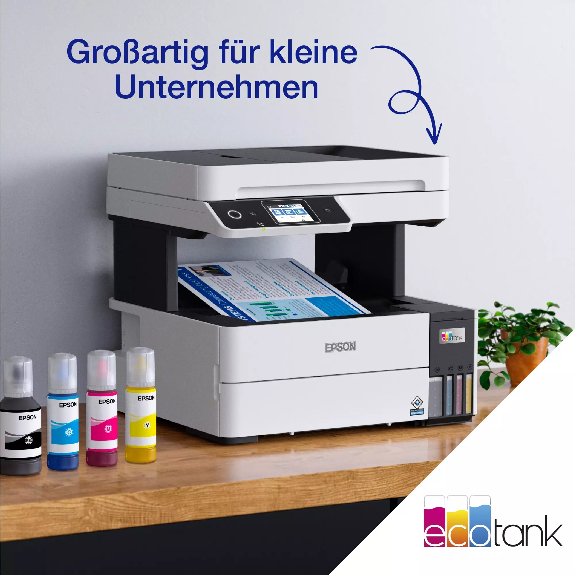 Epson-Drucker mit Tintenflaschen. Text: "Großartig für kleine Unternehmen." Drucker und Flaschen sind weiß.