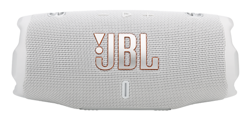 Biały głośnik JBL z nazwą marki w kolorze pomarańczowym. Głośnik ma siatkową osłonę i mały panel sterowania.