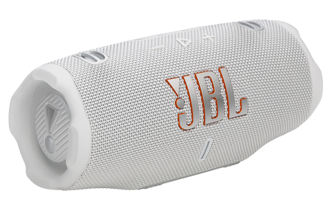 Biały głośnik JBL z pomarańczowym logo. Cylindryczny kształt z przyciskami.