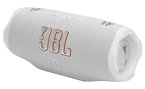 Biało-szary głośnik JBL na białym tle.