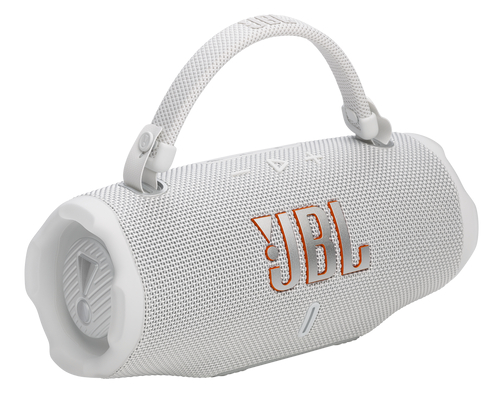 Biały głośnik JBL z uchwytem, pomarańczowym logo JBL i białym tłem.