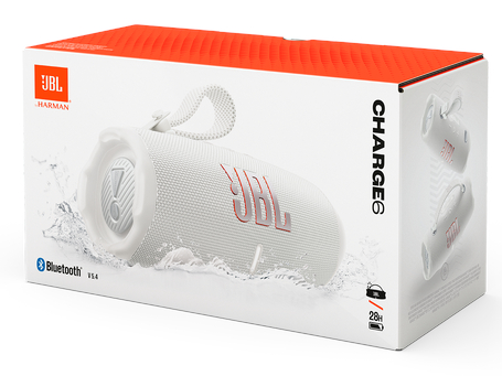 Głośnik JBL Charge 6 w pudełku, biały głośnik na białym tle.
