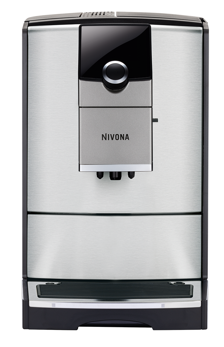 Ekspres do kawy Nivona ze stali nierdzewnej z czarnymi akcentami i logo.