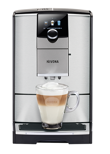 Ekspres do kawy z latte w szklance. Srebrny i czarny design.