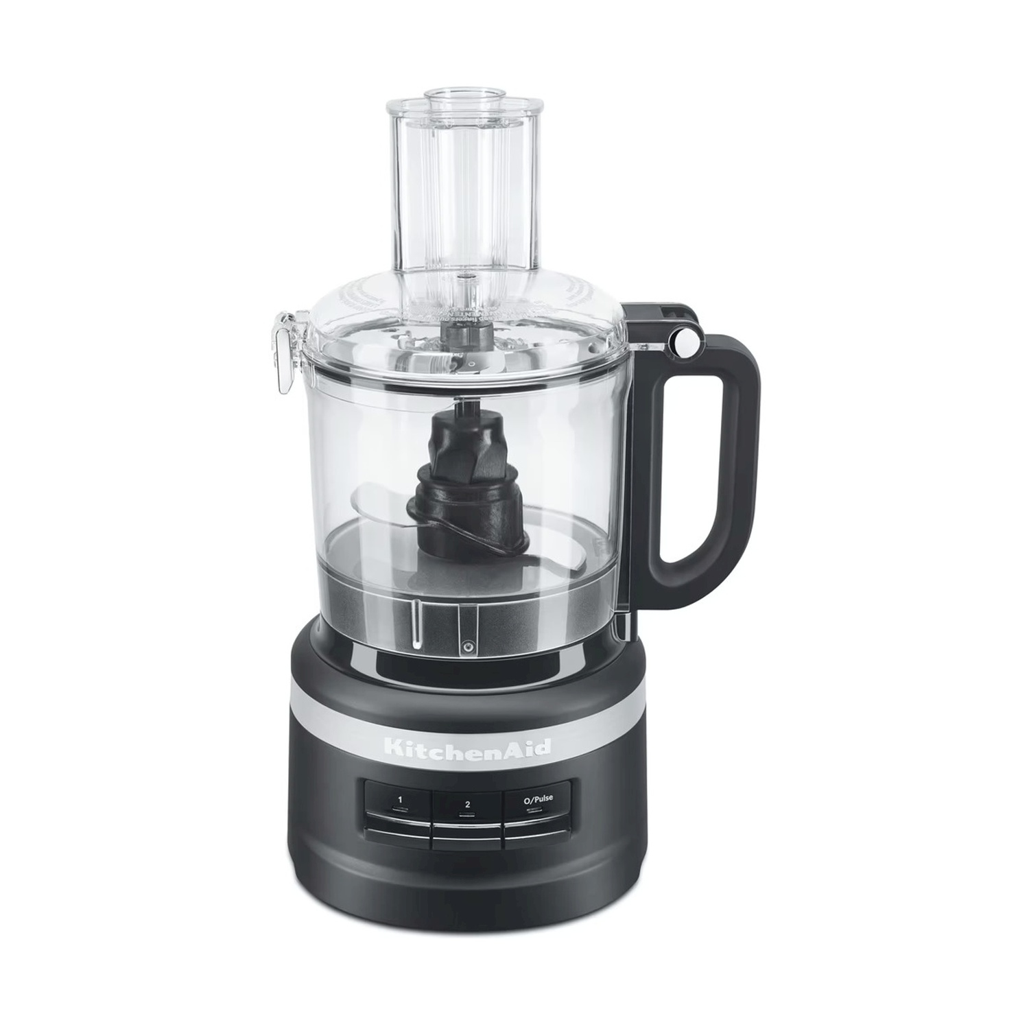 Robot da cucina nero e argento. Marchio KitchenAid, con una ciotola di plastica trasparente e manico.