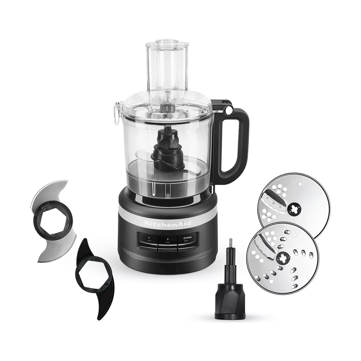 Un robot da cucina KitchenAid nero con diverse lame e accessori. La macchina ha una ciotola trasparente.