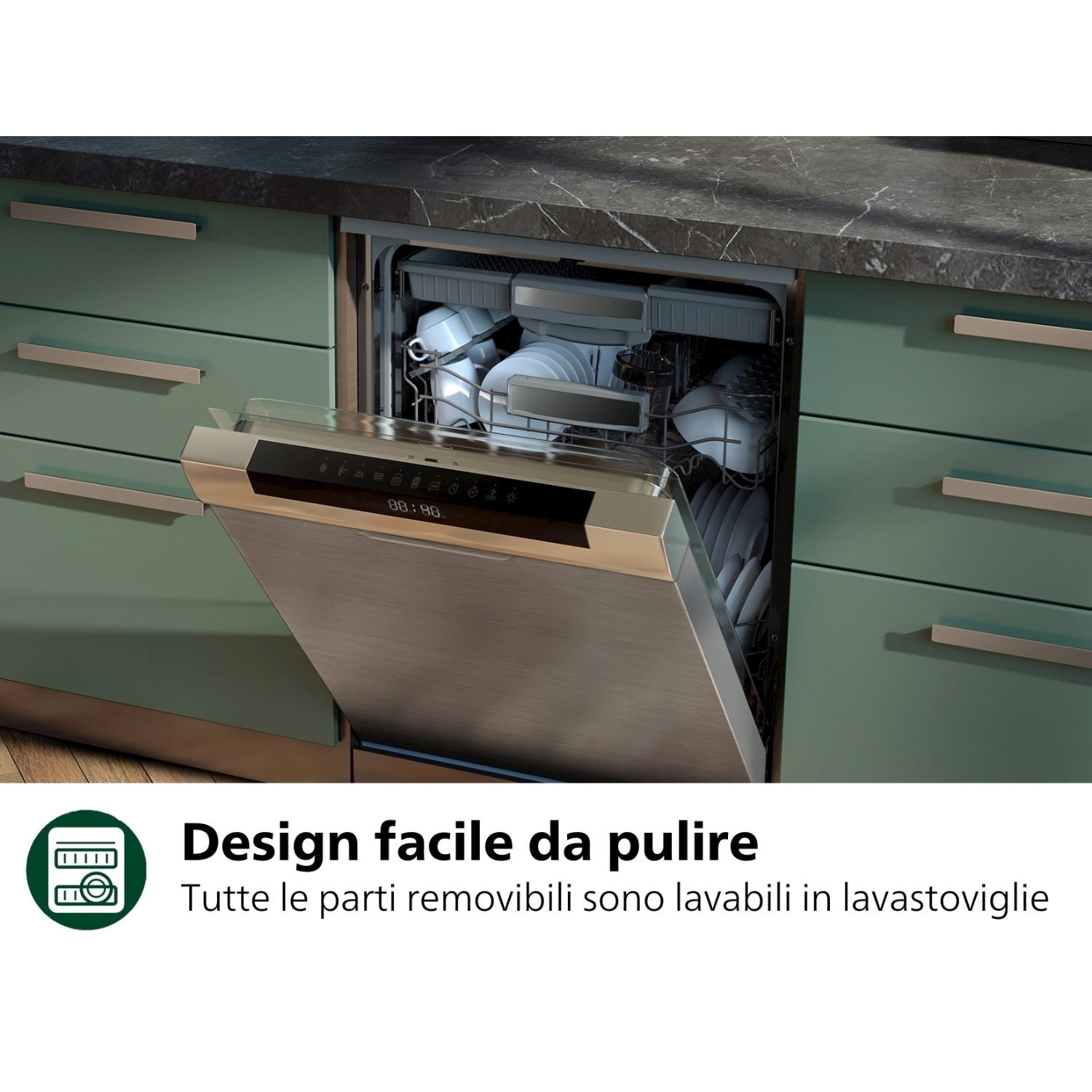 Una lavastoviglie con la porta aperta e piatti puliti all'interno, con testo sulla facile pulizia.