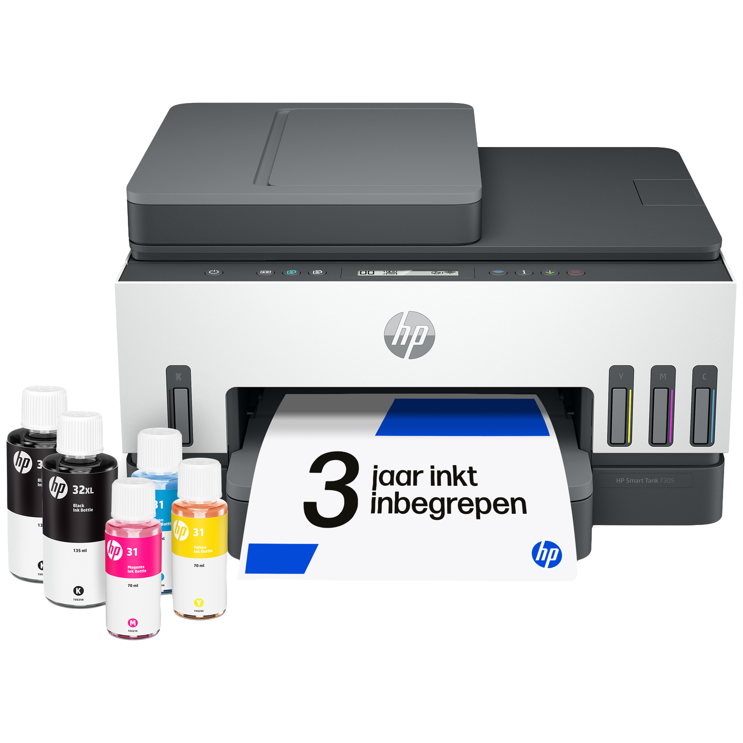 HP Smart Tank 7305 printer met vier inktflessen: zwart, cyaan, magenta, geel.