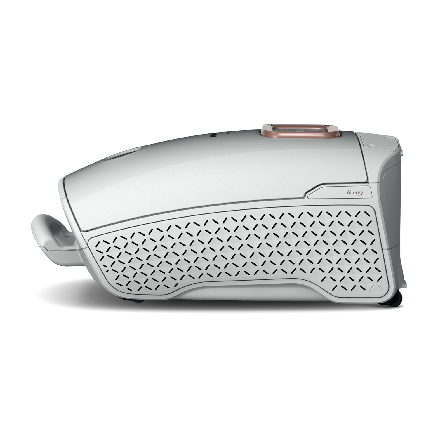Aspirapolvere bianco con parte superiore argentata e fori di ventilazione angolati.