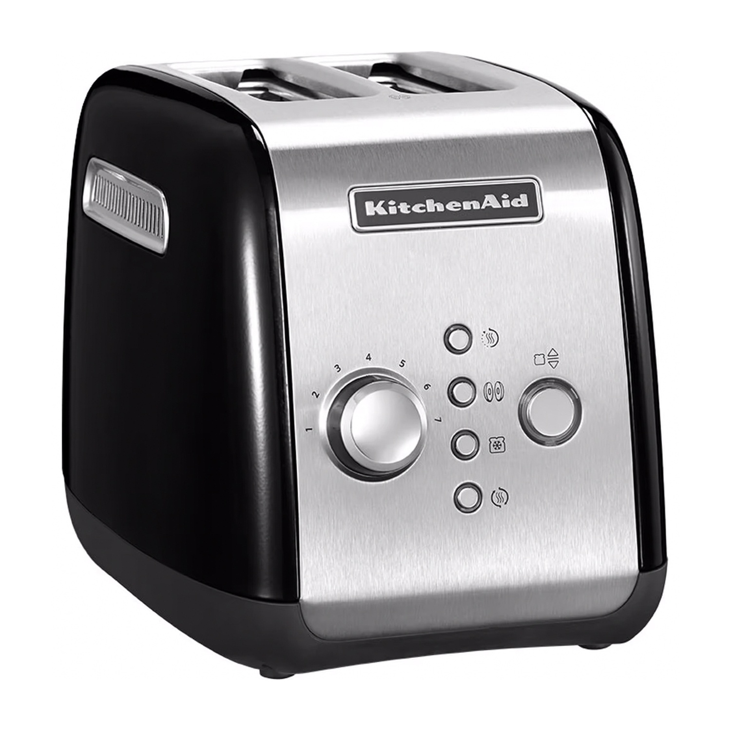 Tostapane KitchenAid. Ha un corpo nero, frontale argentato con comandi e due fessure.