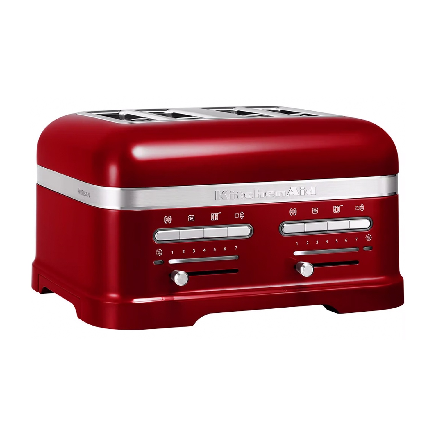 Tostapane KitchenAid rosso, vista frontale, con impostazioni multiple.
