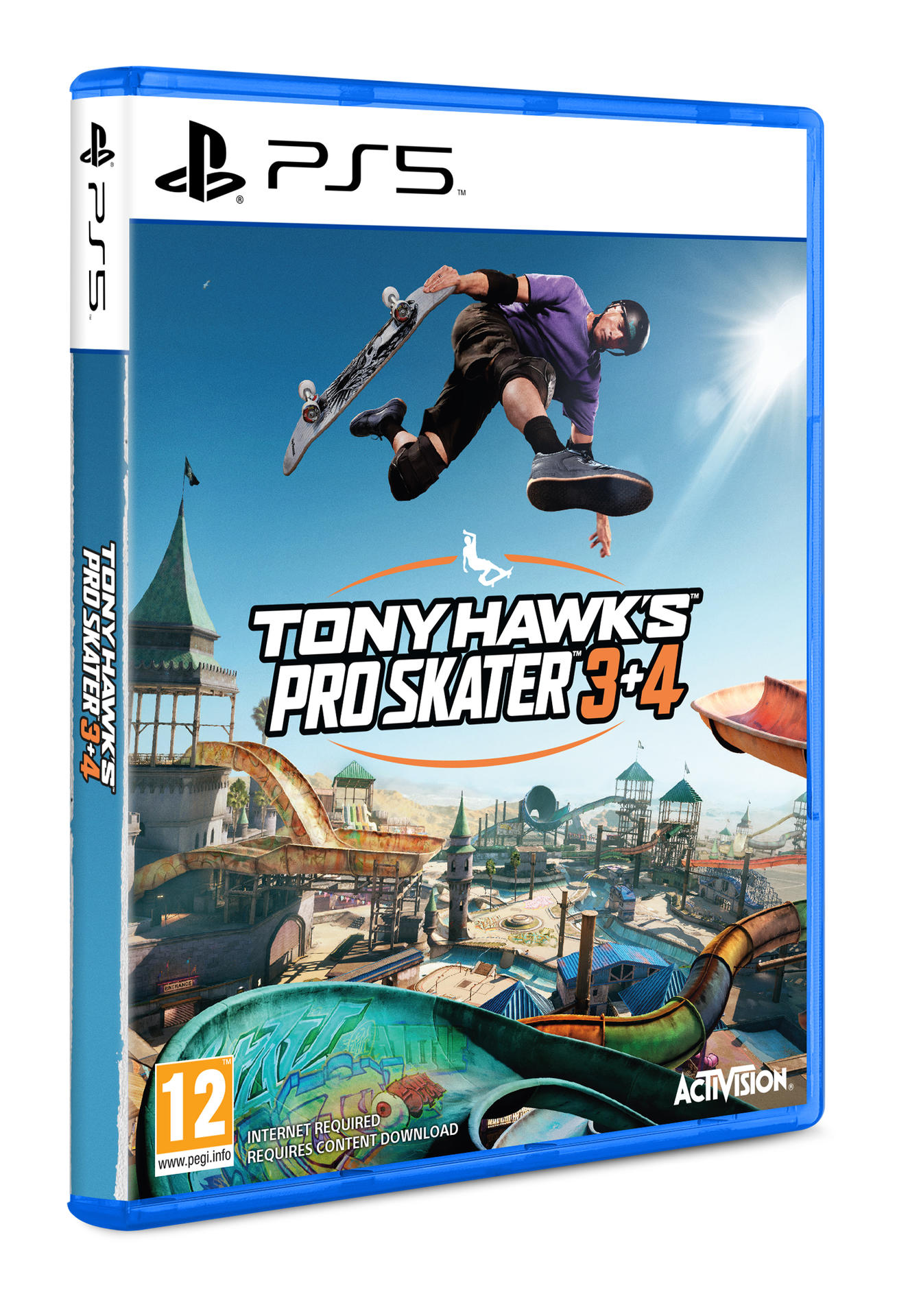 Videospielbox mit einem Skateboarder, der einen Trick in einer Stadt macht.