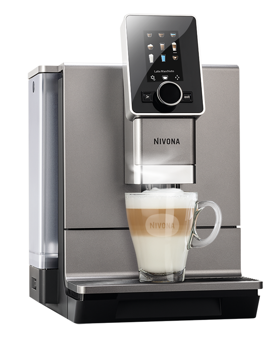 Srebrny ekspres do kawy Nivona ze szklanką.