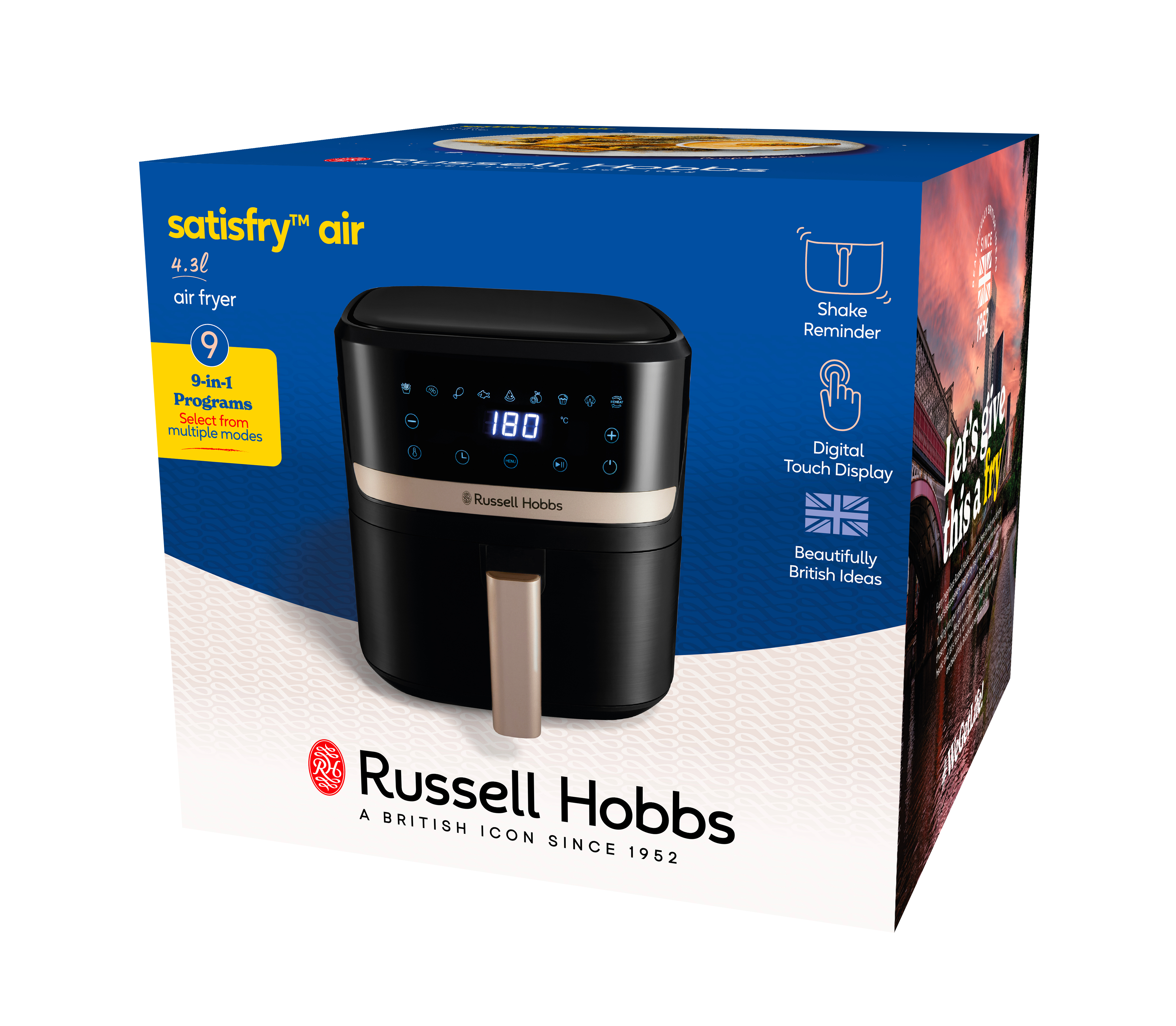 Ein schwarzer Airfryer-Karton mit Bild des Airfryers, Digitalanzeige und Timer.