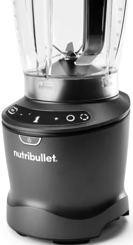 Base de blender Nutribullet noire avec commandes. Récipient de blender transparent.