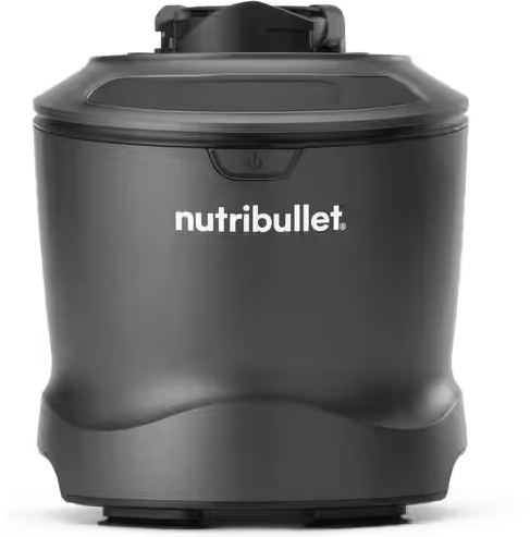 Une base de blender Nutribullet noire avec le couvercle, isolée sur fond blanc.