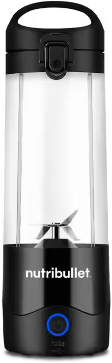 Un blender Nutribullet noir et transparent sur fond blanc.