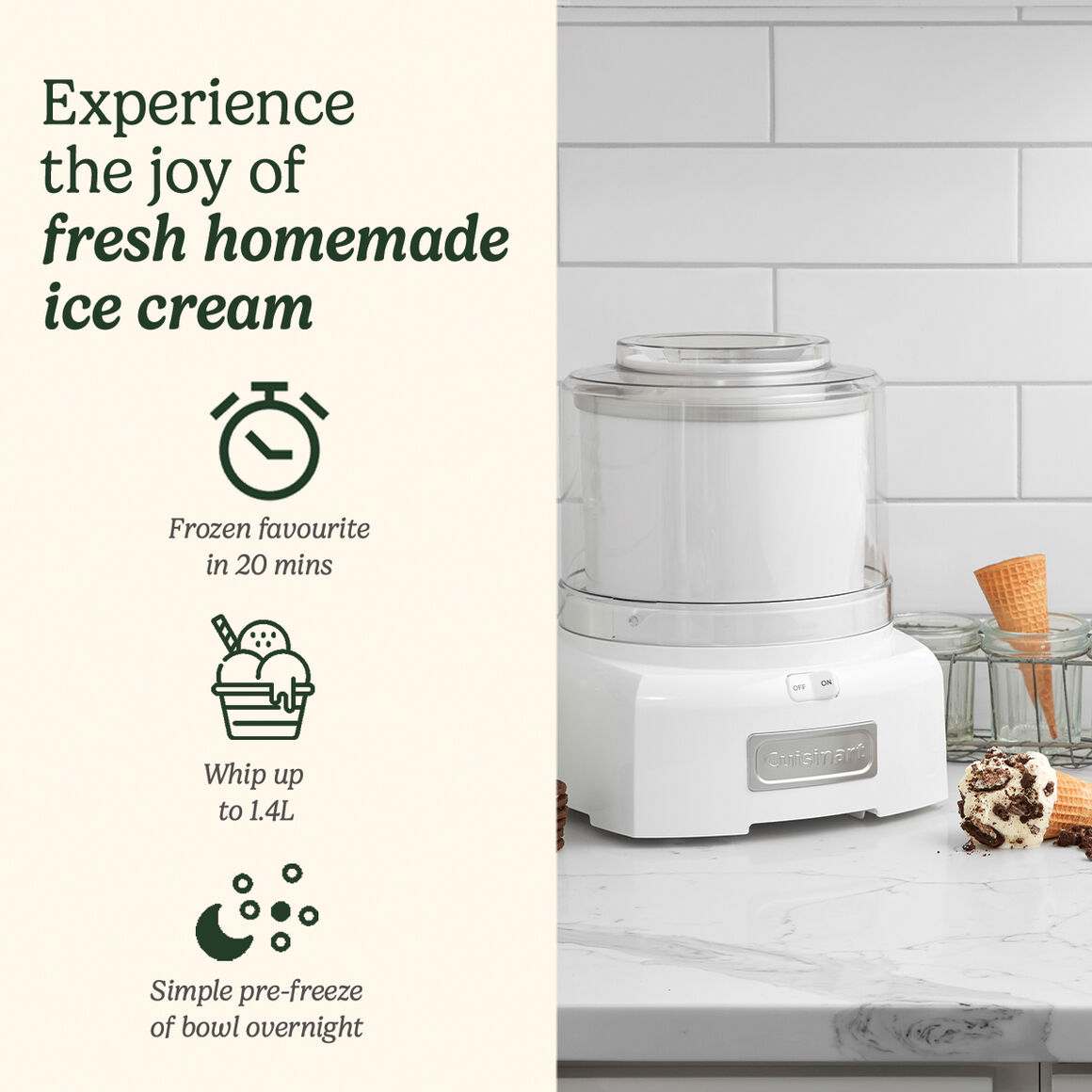Machine à glace avec texte. Icônes d'horloge, de glace et de lune. Le texte dit : glace maison fraîche, et plus encore.