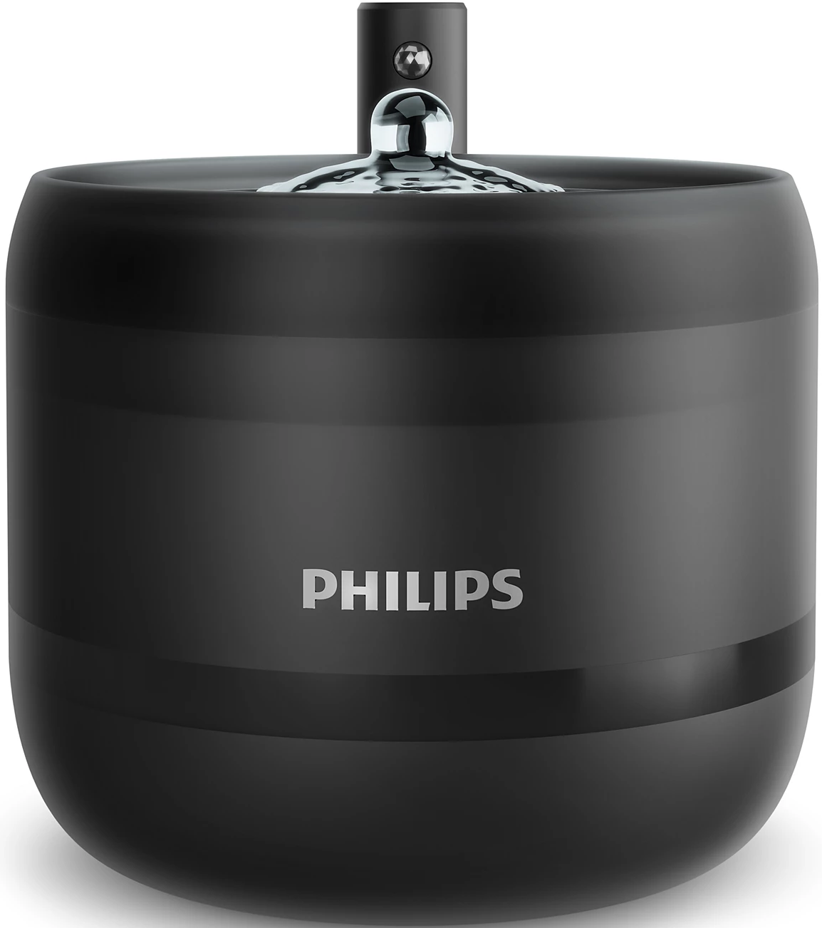 Schwarzer Philips-Luftbefeuchter. Er hat einen Wasserspender oben, das Philips-Logo ist sichtbar.