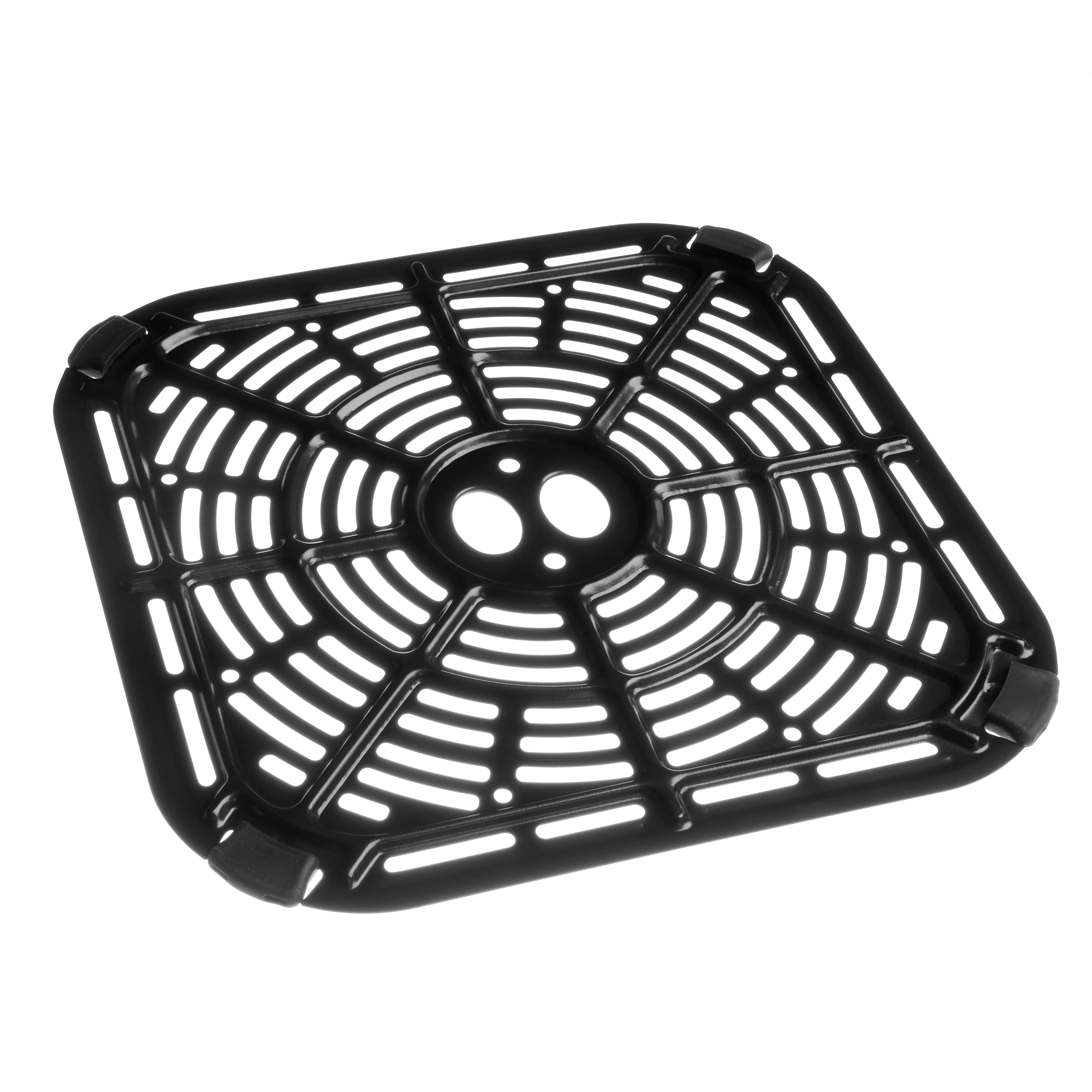Schwarzer quadratischer Airfryer-Korb mit Gittermuster und Griffen an den Ecken. Weißer Hintergrund.
