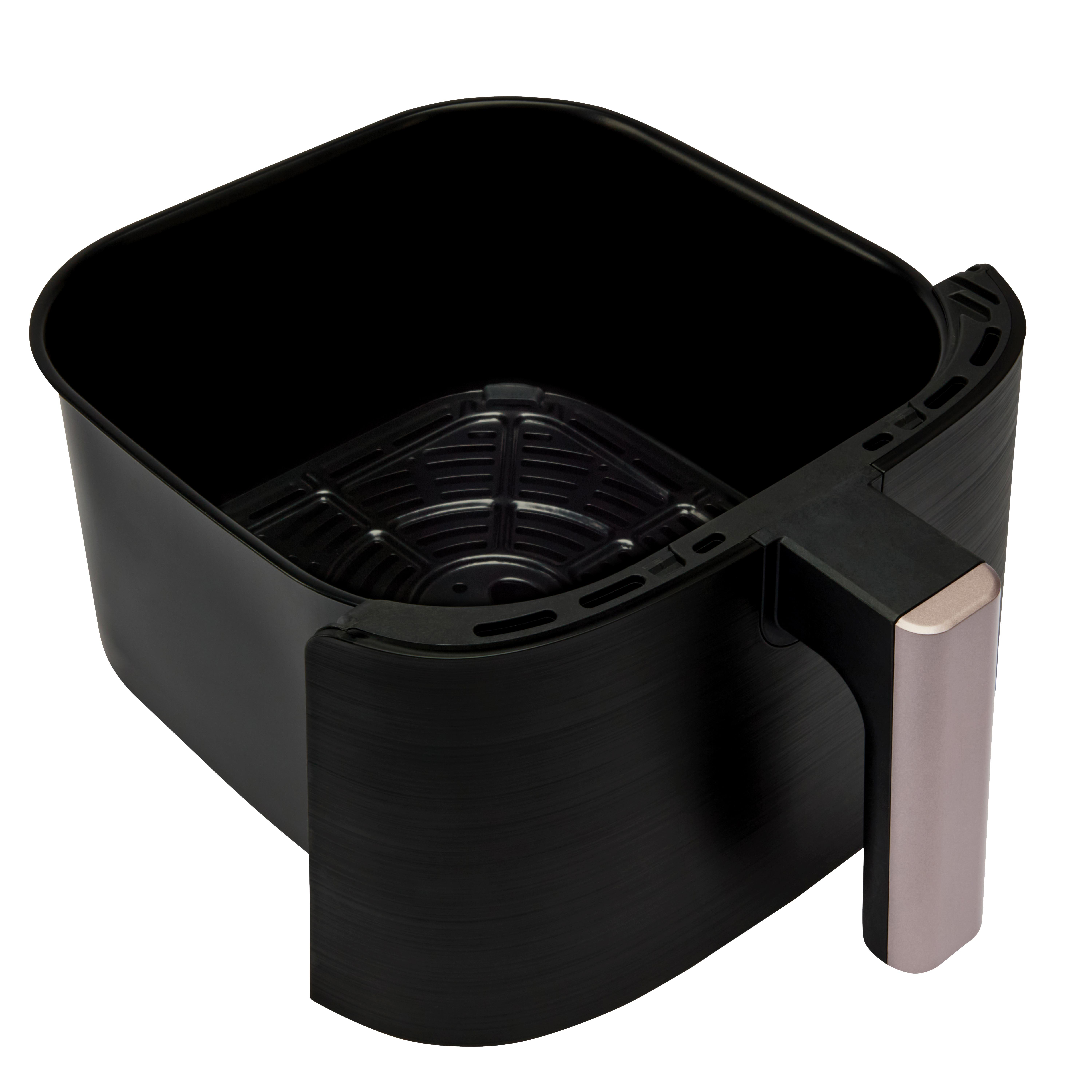 Schwarzer Airfryer-Korb, leer mit Griff. Metallisches Finish, quadratische Form.