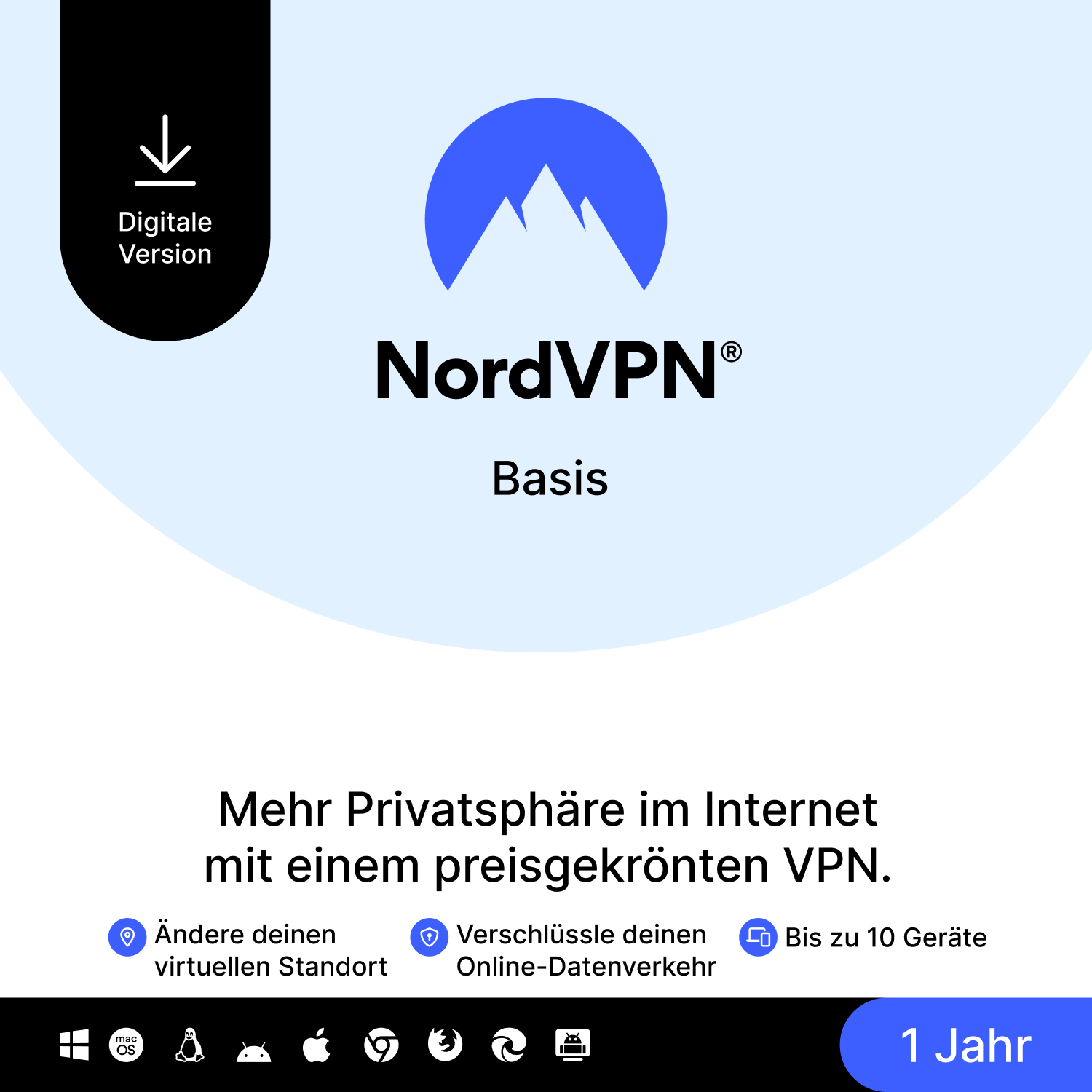 NordVPN-Anzeige mit Berglogo und aufgelisteten Funktionen.