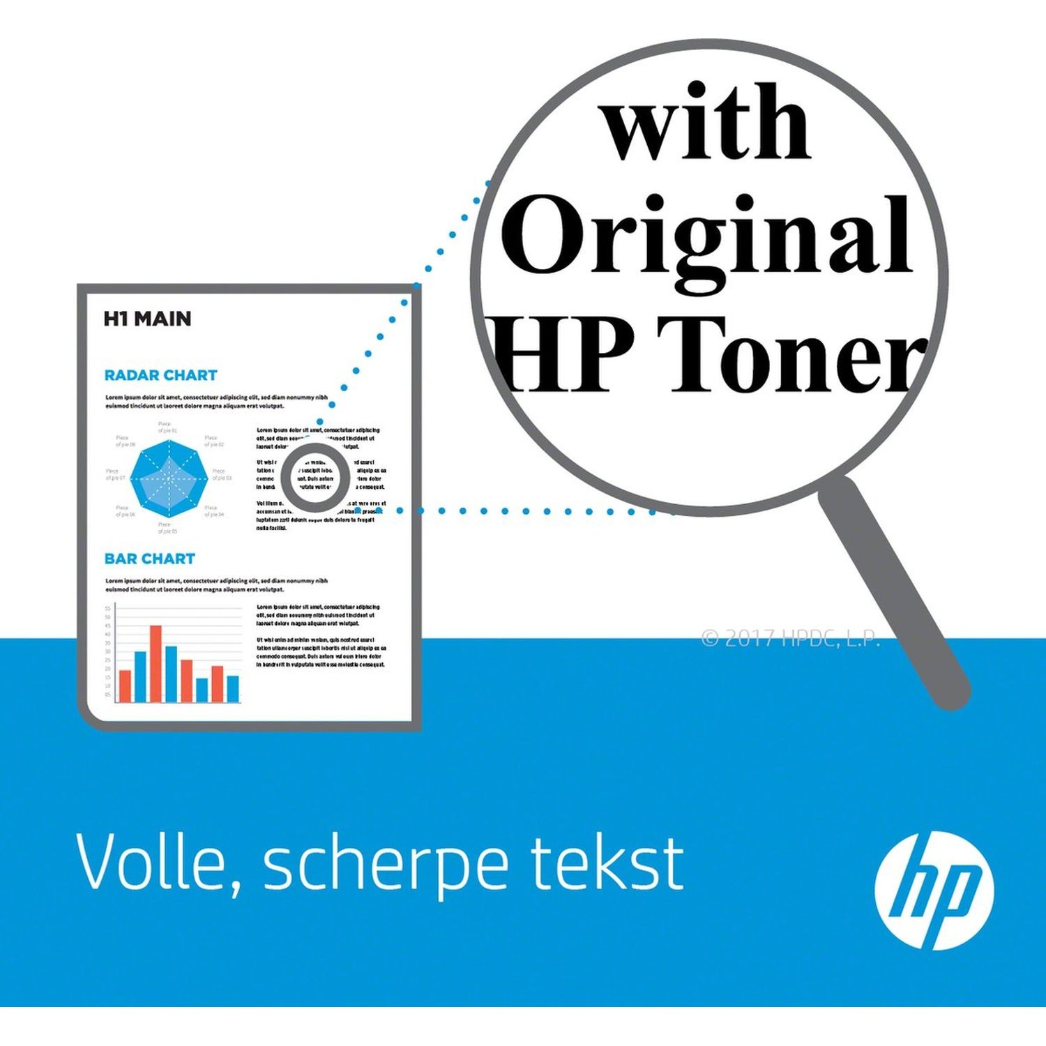 HP ad with magnified text: 'with Original HP Toner'. A chart and blue text are visible.